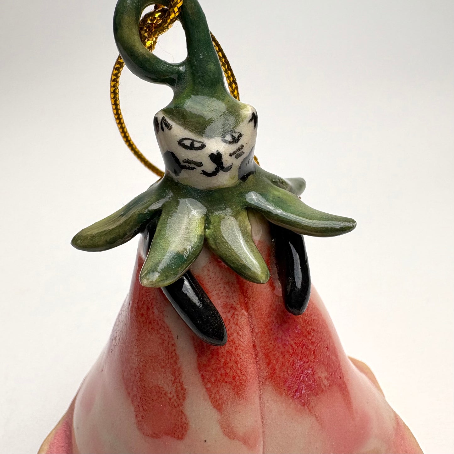 Handmade Ceramic Malva Flower Bell with Cat or Dog Figure/ Handmade cat themed ceramic Christmas ornament/ Pink Blossom Ornament