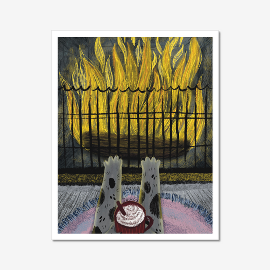 Kitty at a Fireplace with Hot Chocolate Unframed Art Print