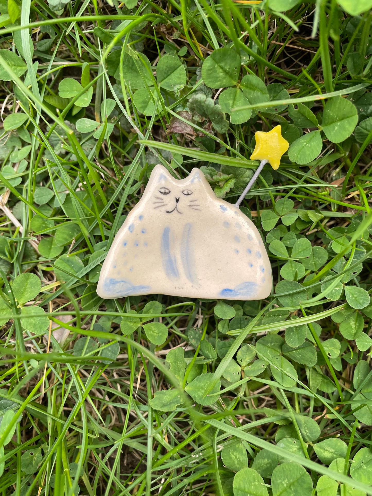 Sitting/Standing white and blue cat with star: Handmade ceramic cat figurine