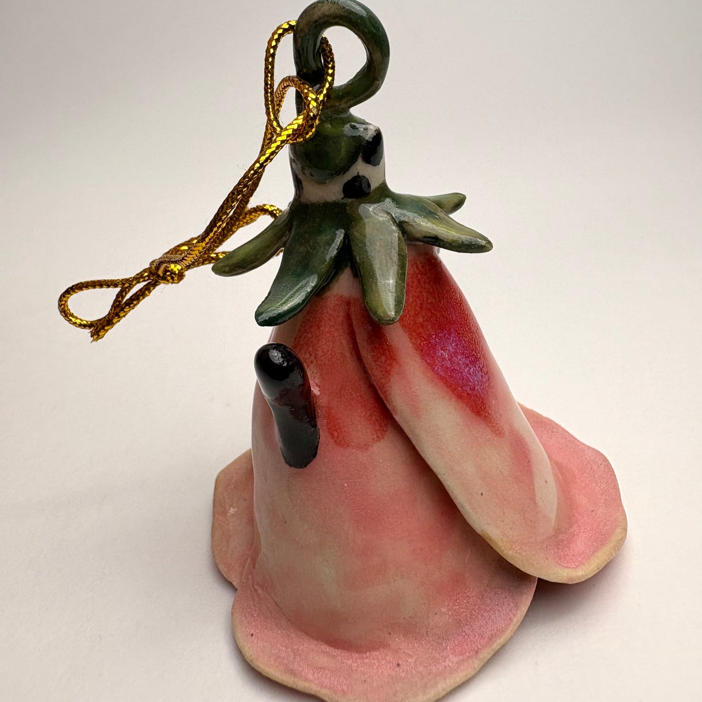 Handmade Ceramic Malva Flower Bell with Cat or Dog Figure/ Handmade cat themed ceramic Christmas ornament/ Pink Blossom Ornament