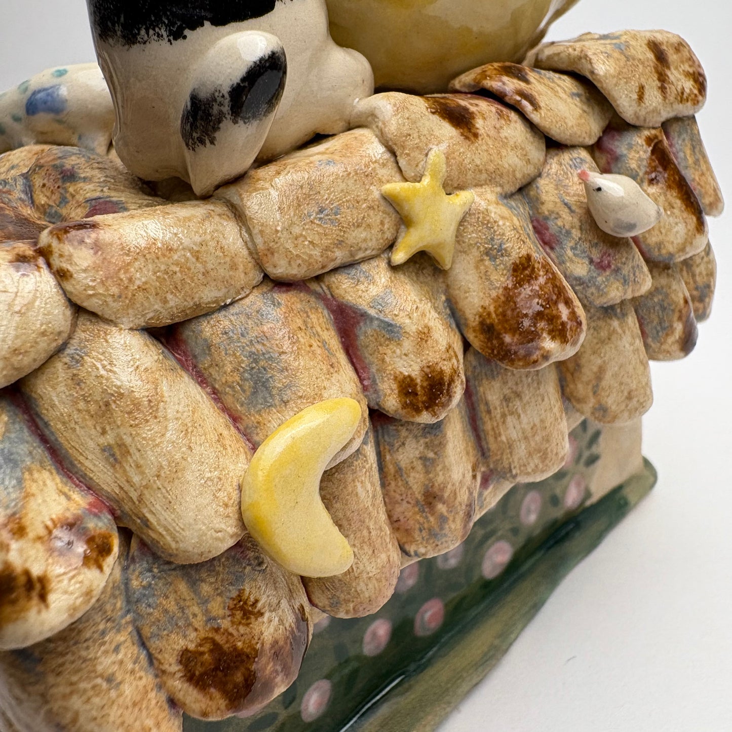 Whimsical Ceramic House Art Box with Cat, Sun, Birds & Four-Legged Fish — Hand-Sculpted Collector Piece