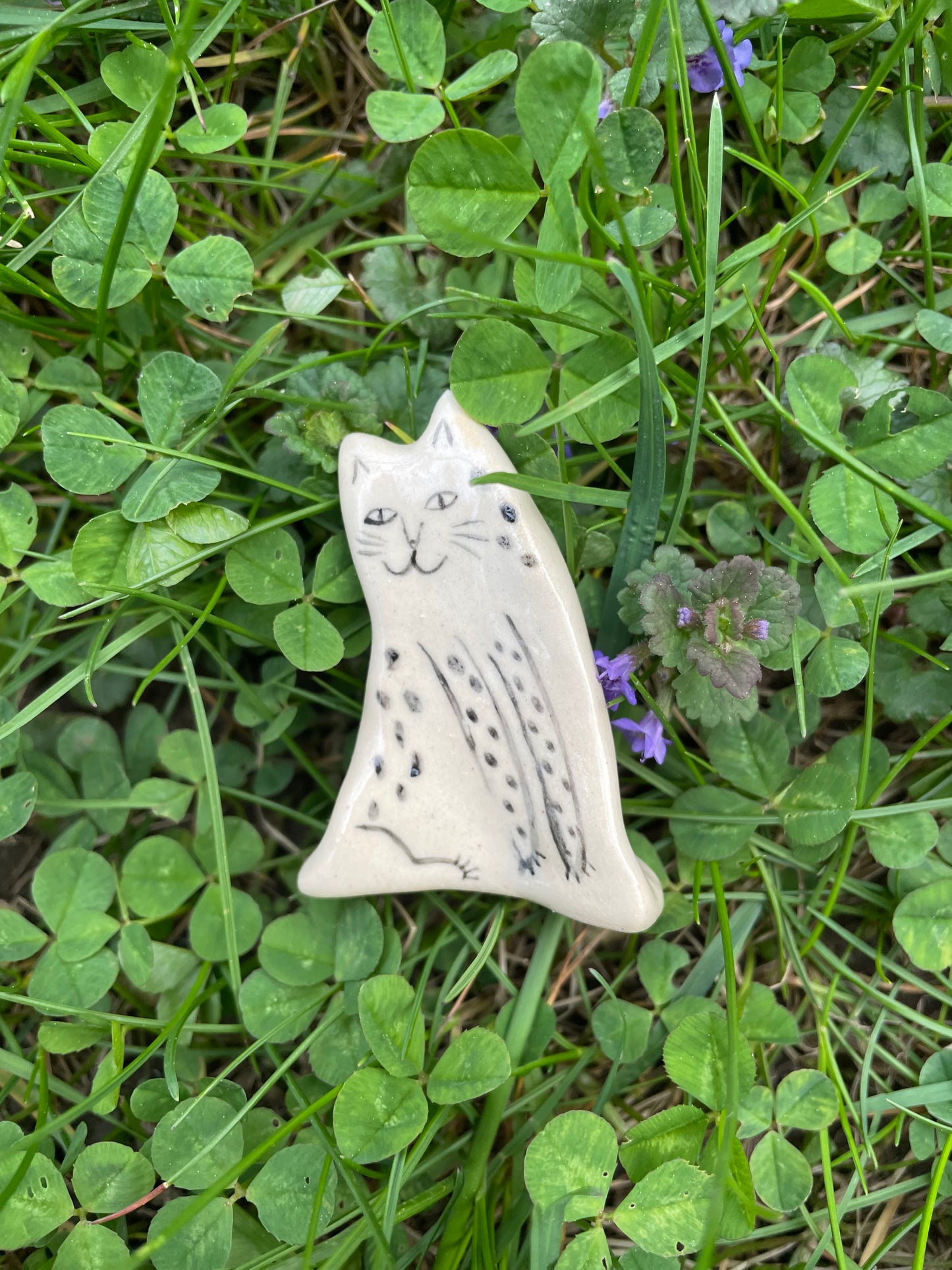 Black and white standing kitty: Handmade ceramic cat figurine