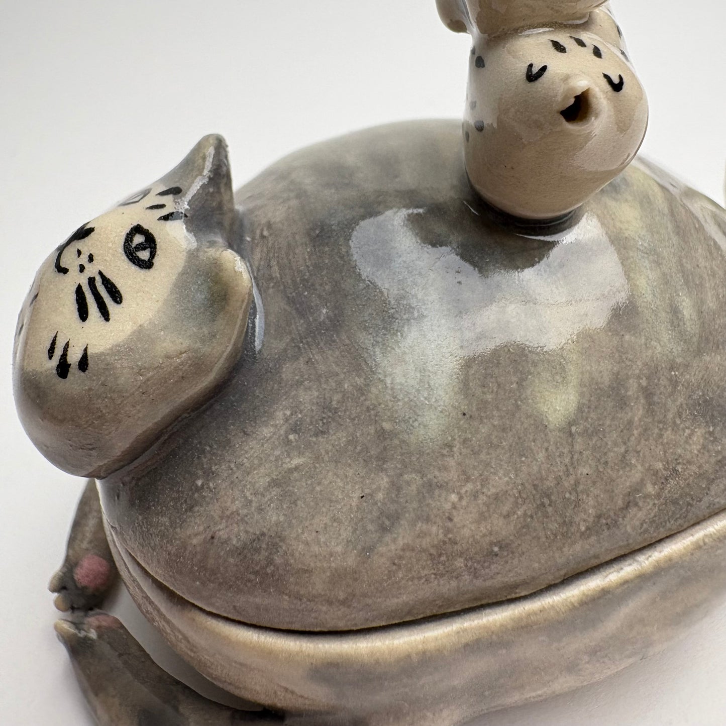 Whimsical Ceramic Cat Art Box with Bird & Four-Legged Fish — Hand-Sculpted Collector Piece