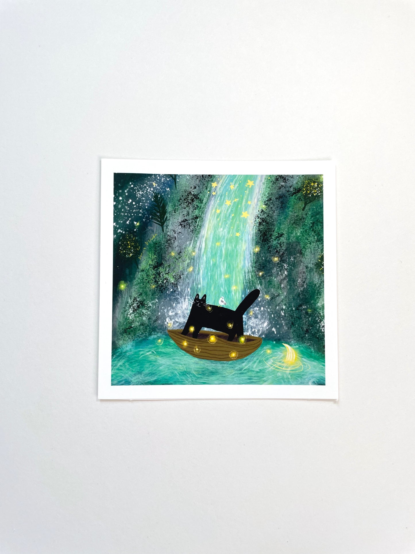 Mini Print: Cat at a Starry Waterfall - Wall Art, Wall Hangings