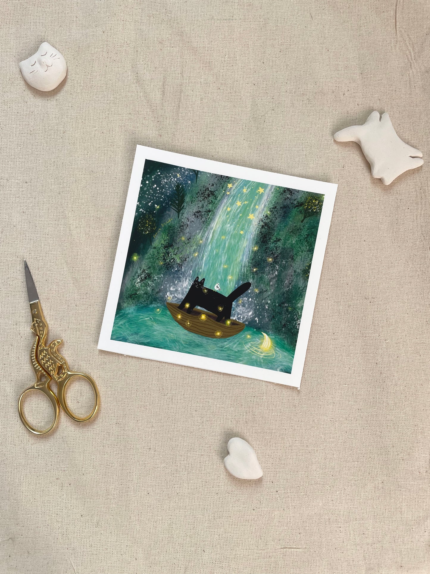 Mini Print: Cat at a Starry Waterfall - Wall Art, Wall Hangings