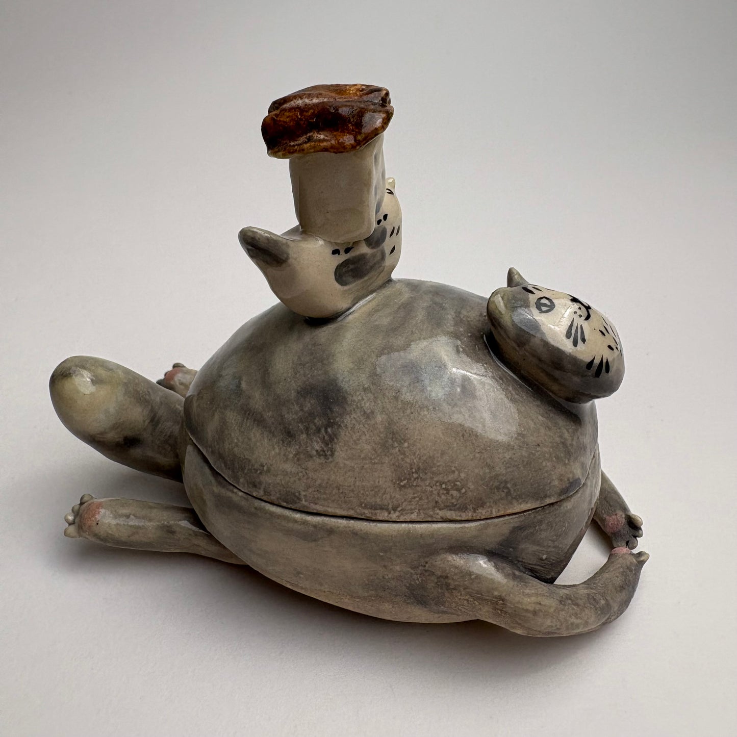 Whimsical Ceramic Cat Art Box with Bird & Four-Legged Fish — Hand-Sculpted Collector Piece