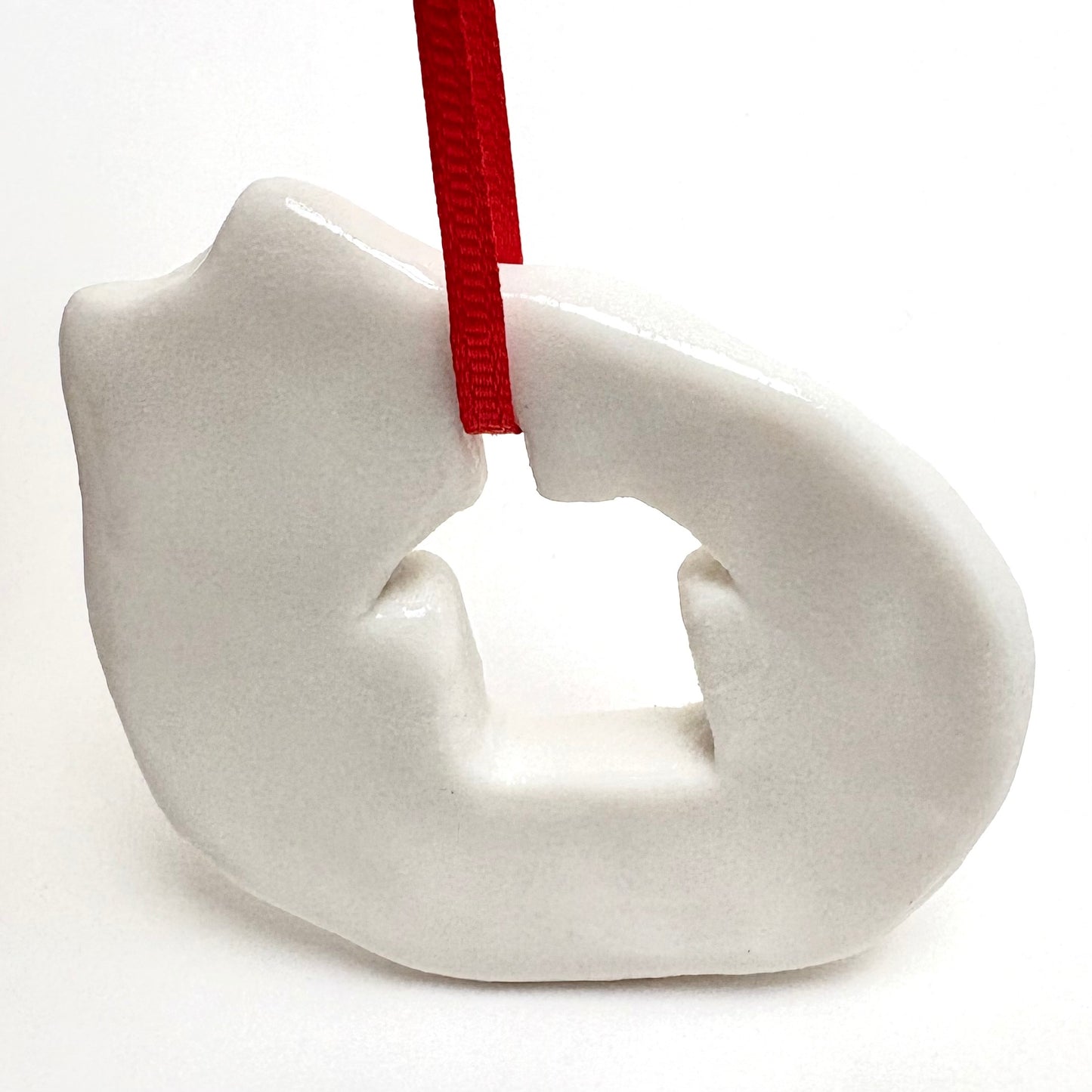 Handmade Porcelain Cat Christmas Ornament with Cutout, White Glazed Ceramic Holiday Decoration with Red Ribbon, Minimalist Winter Decor