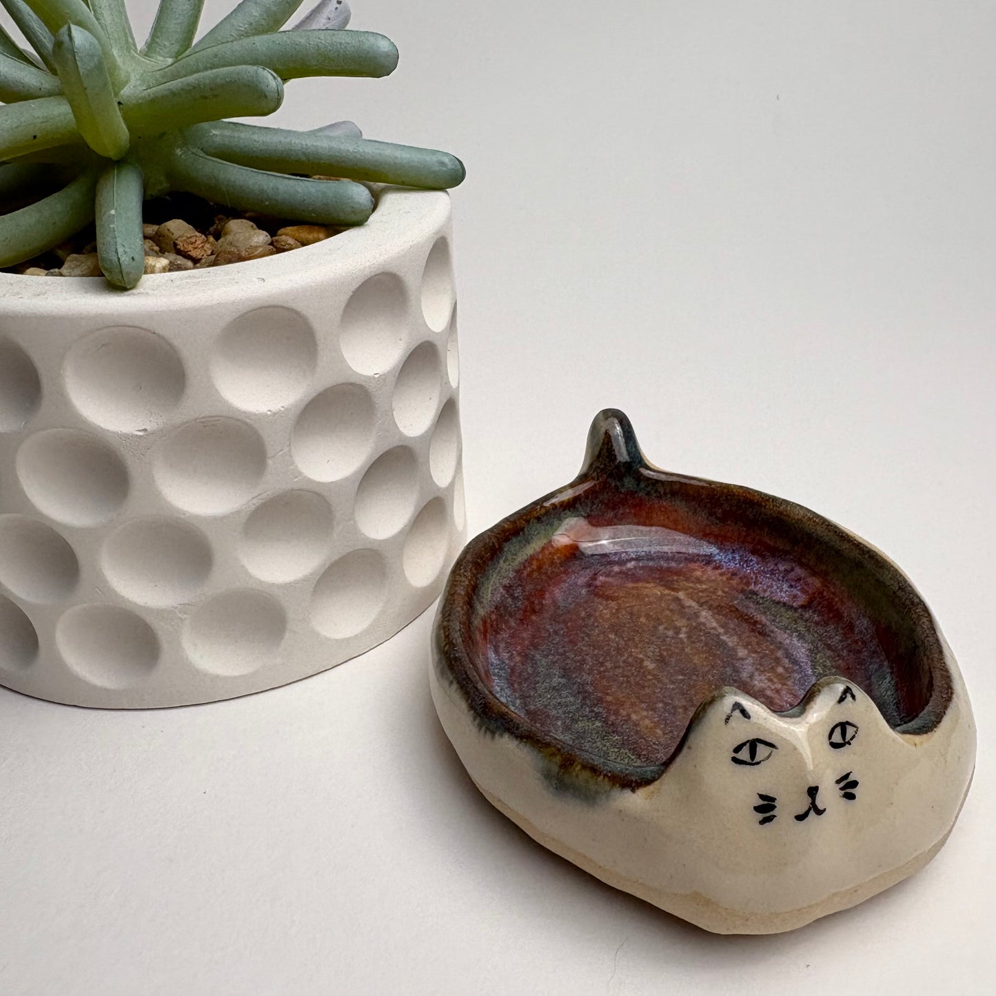 Handmade Ceramic Cat Dish — Mini Trinket Bowl with Galaxy Glaze