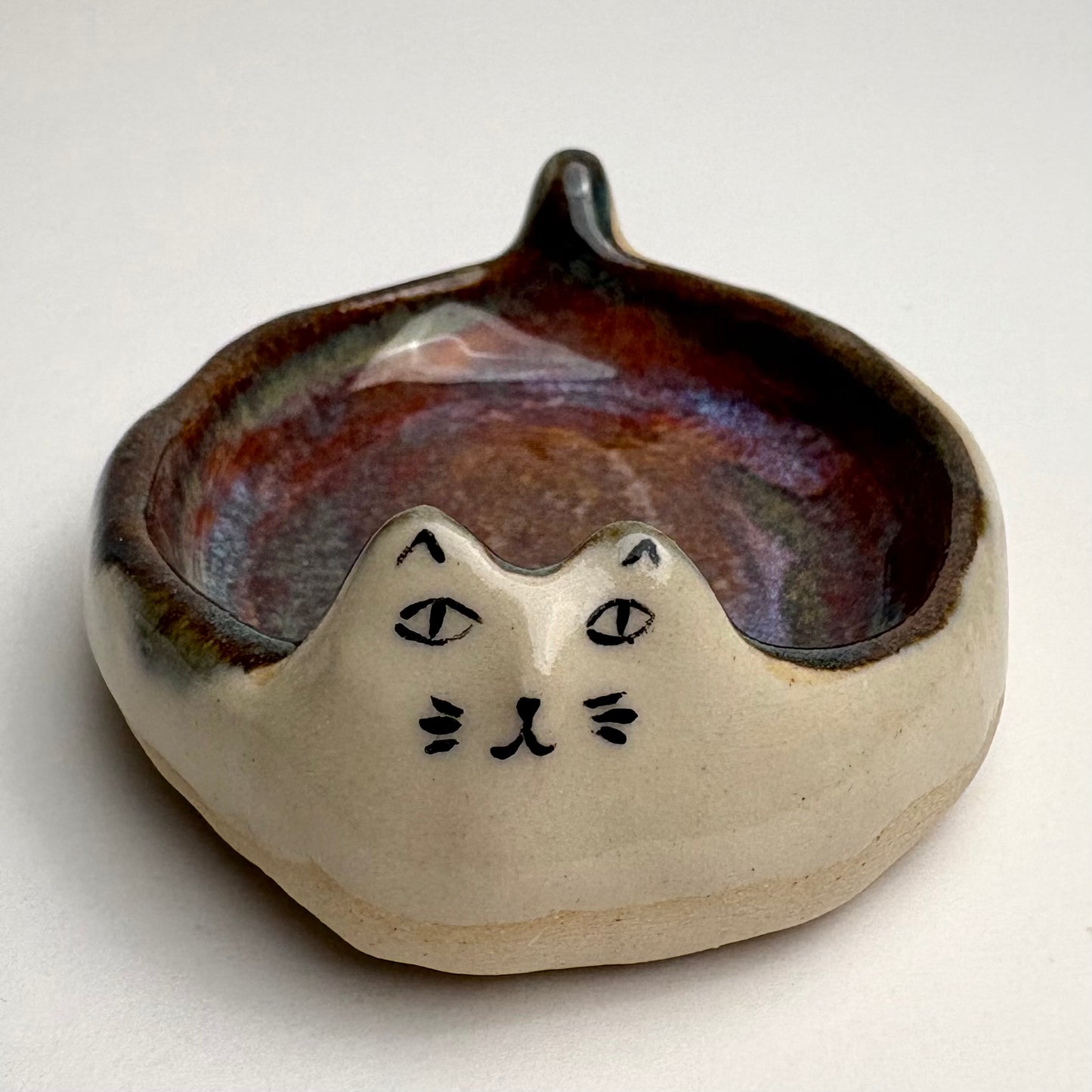 Handmade Ceramic Cat Dish — Mini Trinket Bowl with Galaxy Glaze