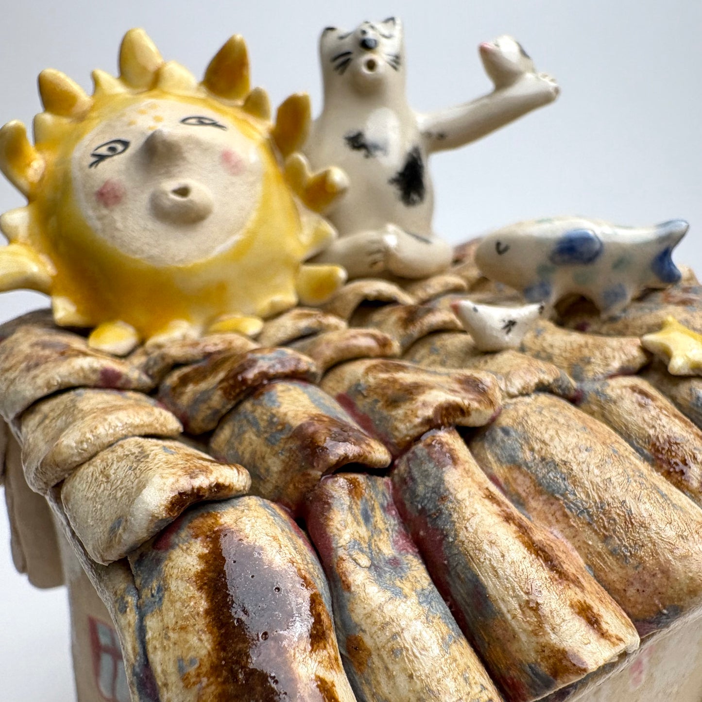 Whimsical Ceramic House Art Box with Cat, Sun, Birds & Four-Legged Fish — Hand-Sculpted Collector Piece