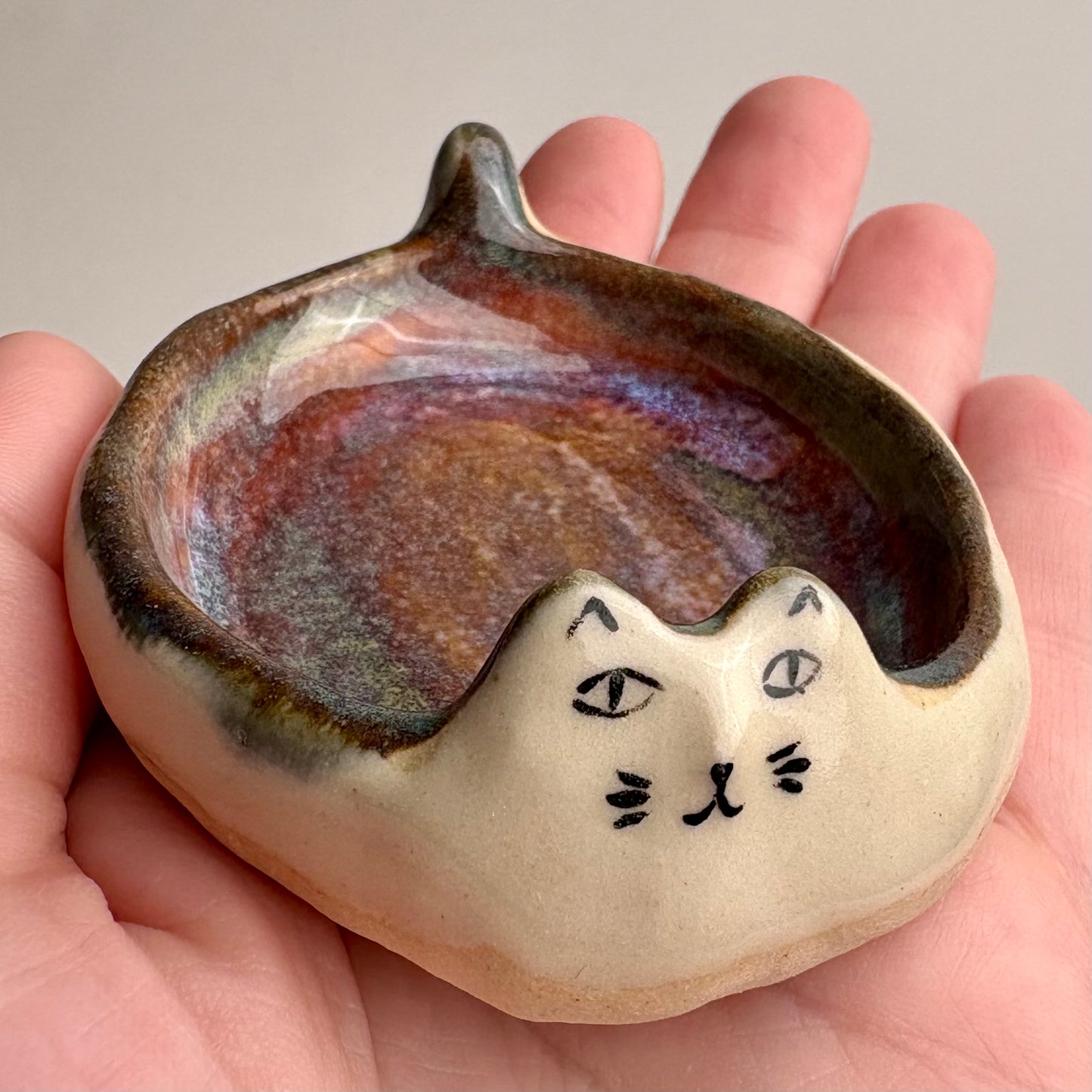 Handmade Ceramic Cat Dish — Mini Trinket Bowl with Galaxy Glaze