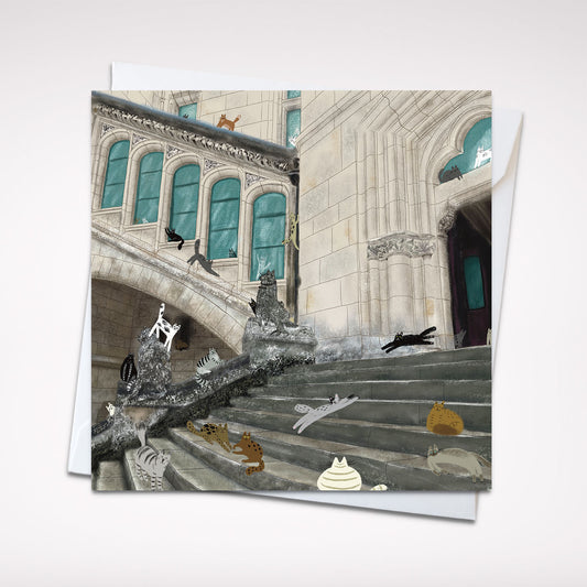 Carte de vœux Grand Staircase Cats 5x5 – Carte vierge fantaisiste sur le thème des chats avec enveloppe, parfaite pour les amoureux de l'architecture et des chats