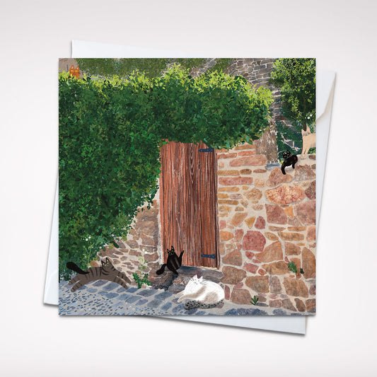 Secret Garden Cats - Enchanting Feline Hideaway Greeting Card, 5x5" (12.7x12.7 cm)