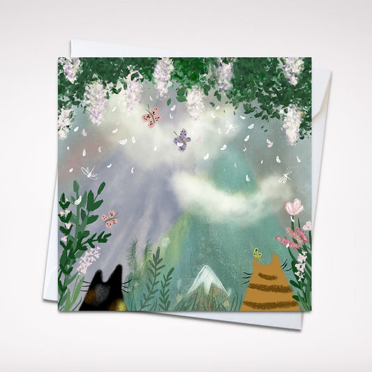 Paws and Reflect 5x5 Greeting Card – Tranquil Cat Lovers Card with Envelope, Perfect for Any Occasion