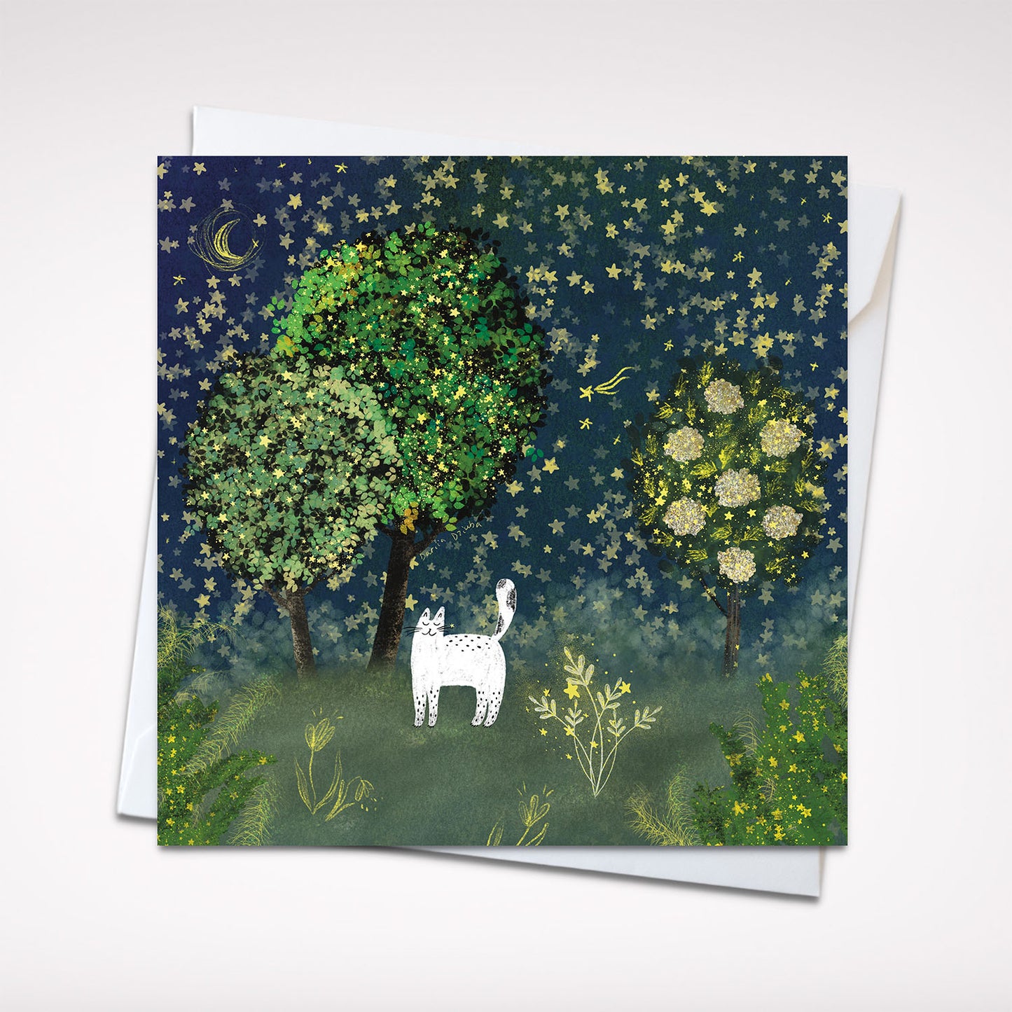 Starry Night Whiskers: A Celestial Feline Adventure - Enchanting Cat Under the Stars Greeting Card, 5x5" (12.7x12.7 cm)