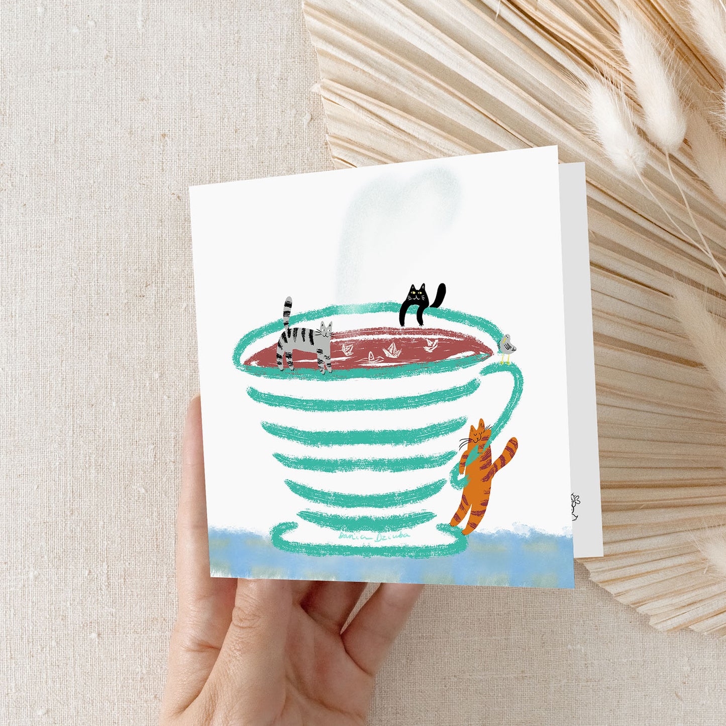 Whimsical Cats in Teacup 5x5 Greeting Card – Playful Blank Card with Envelope for Cat Lovers