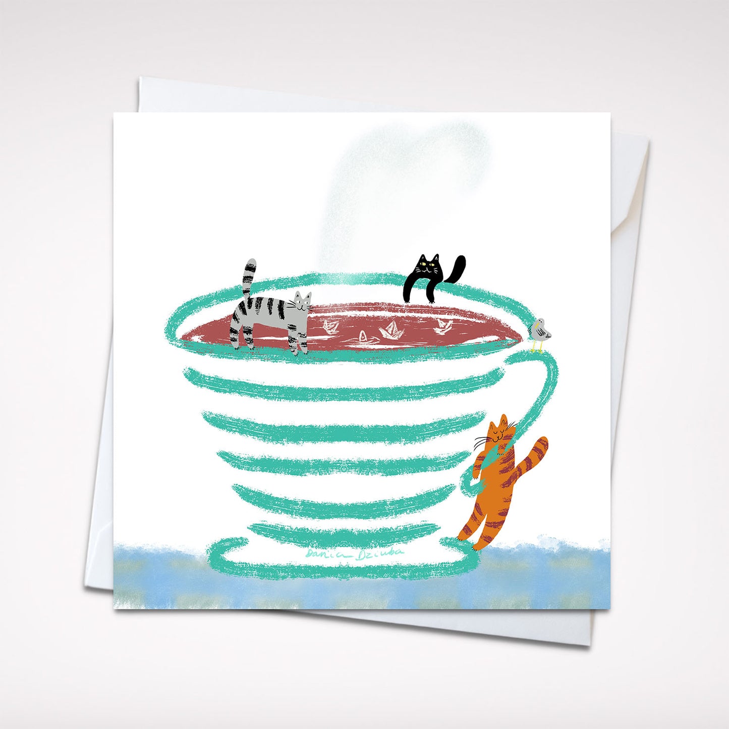 Whimsical Cats in Teacup 5x5 Greeting Card – Playful Blank Card with Envelope for Cat Lovers