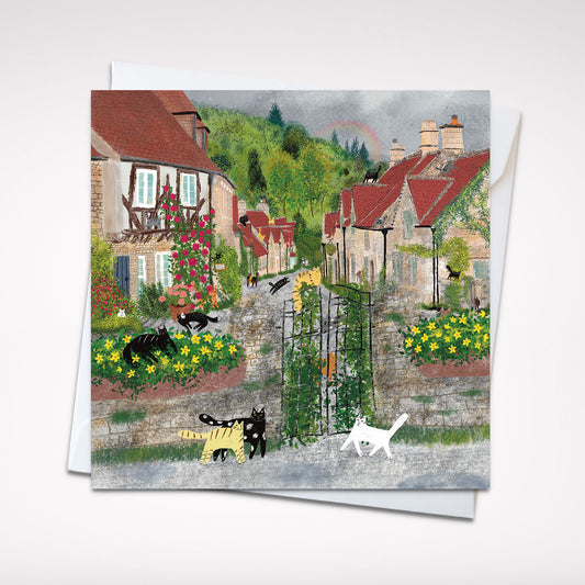 Square card cats in town/ greeting card/ blank card/ folding card/ square card 5x5"/ cards for any occasion/ Autumn garden cat card