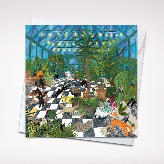 Greenhouse Party Cats 5x5 Greeting Card – Playful Cat-Themed Blank Card with Envelope, Purrfect for Plant and Cat Lovers