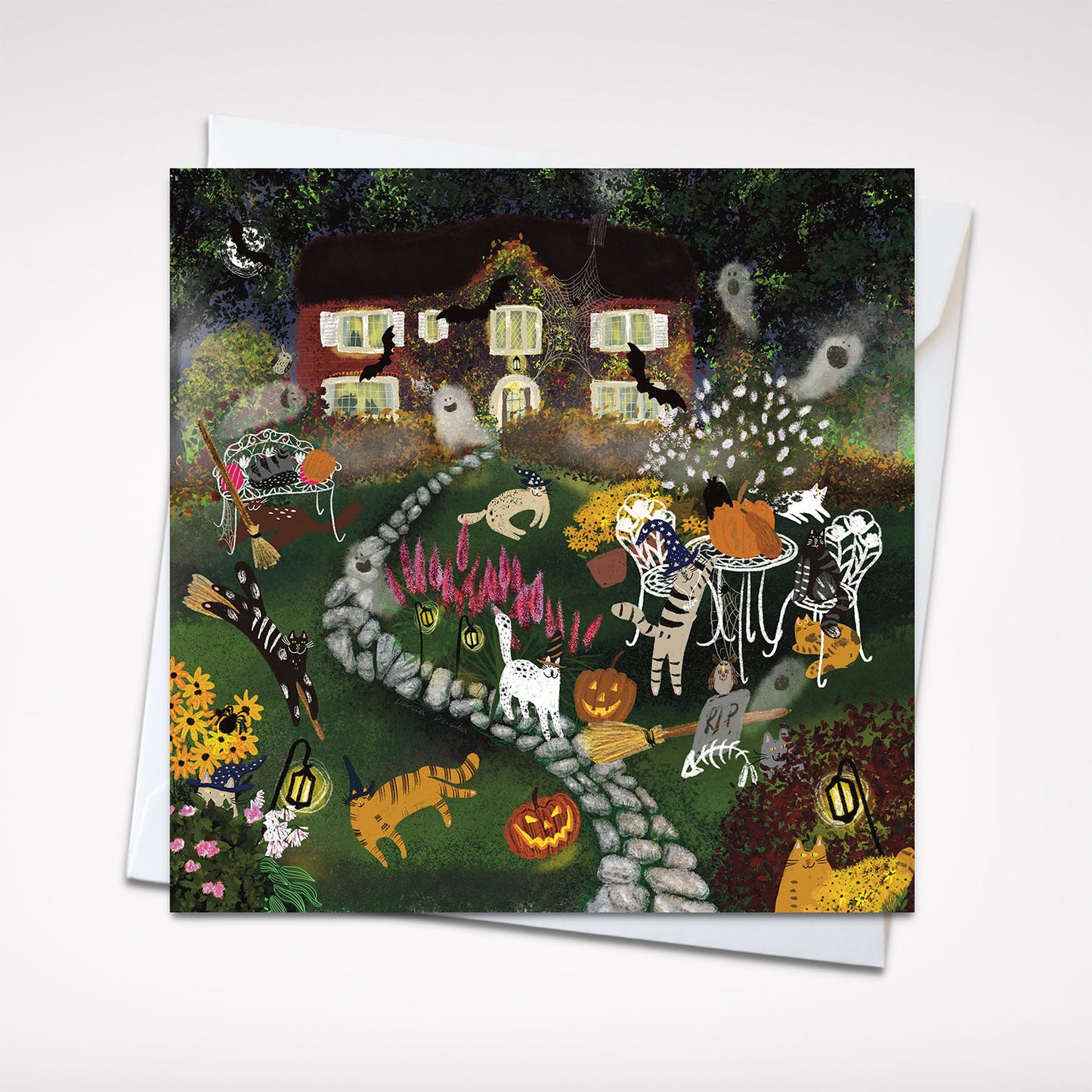 Mystical Meow Manor - Whimsical Cat and Pumpkin Halloween Greeting Card, 5x5" (12.7x12.7 cm)