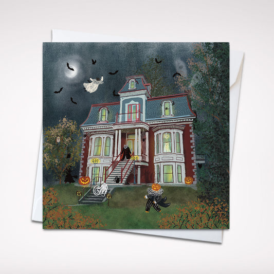 Spooky Mansion Cats Halloween 5x5 Greeting Card – Haunted House Blank Card with Envelope