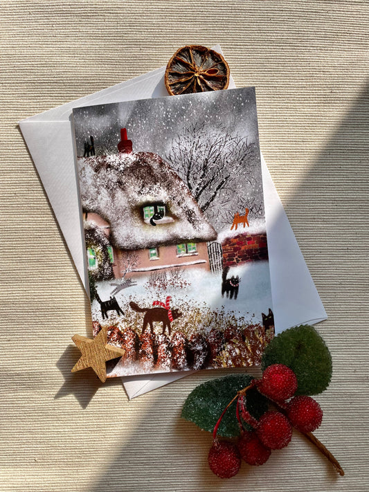 Cozy Cottage & Cats in Snowy Wonderland | Winter Holiday Greeting Card | Meowy Christmas & Purrfect New Year | 4x6 Blank Inside