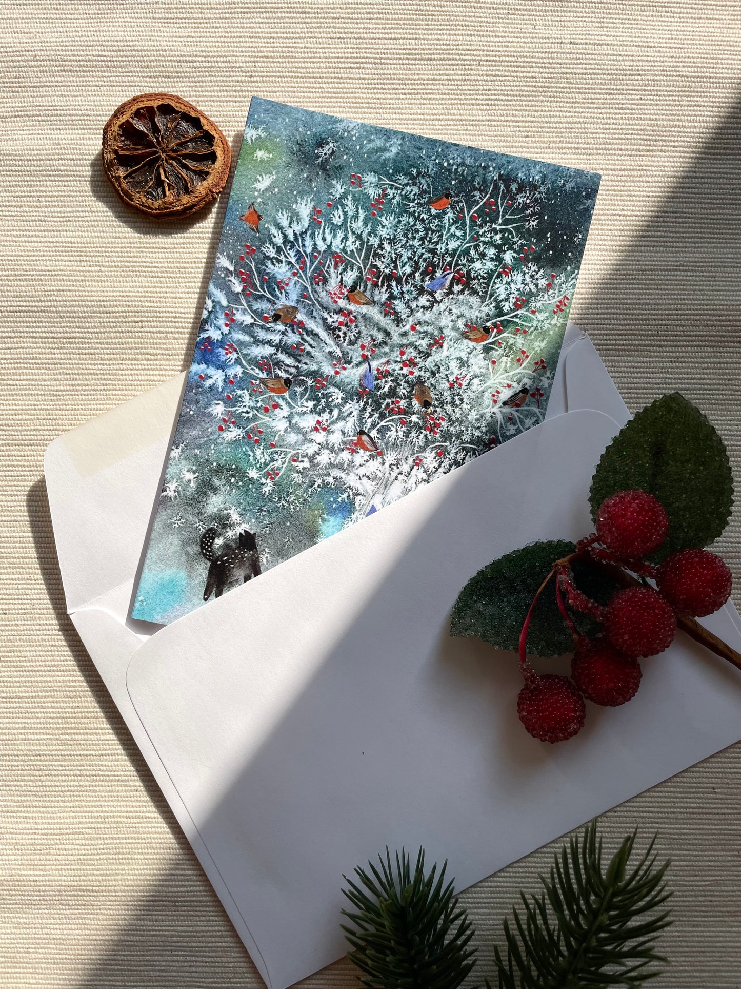 Snowy Woodland Birds & Curious Cat Winter Greeting Card | Christmas & New Year Holiday Wishes | Festive Winter Scene | 4x6 Blank Inside