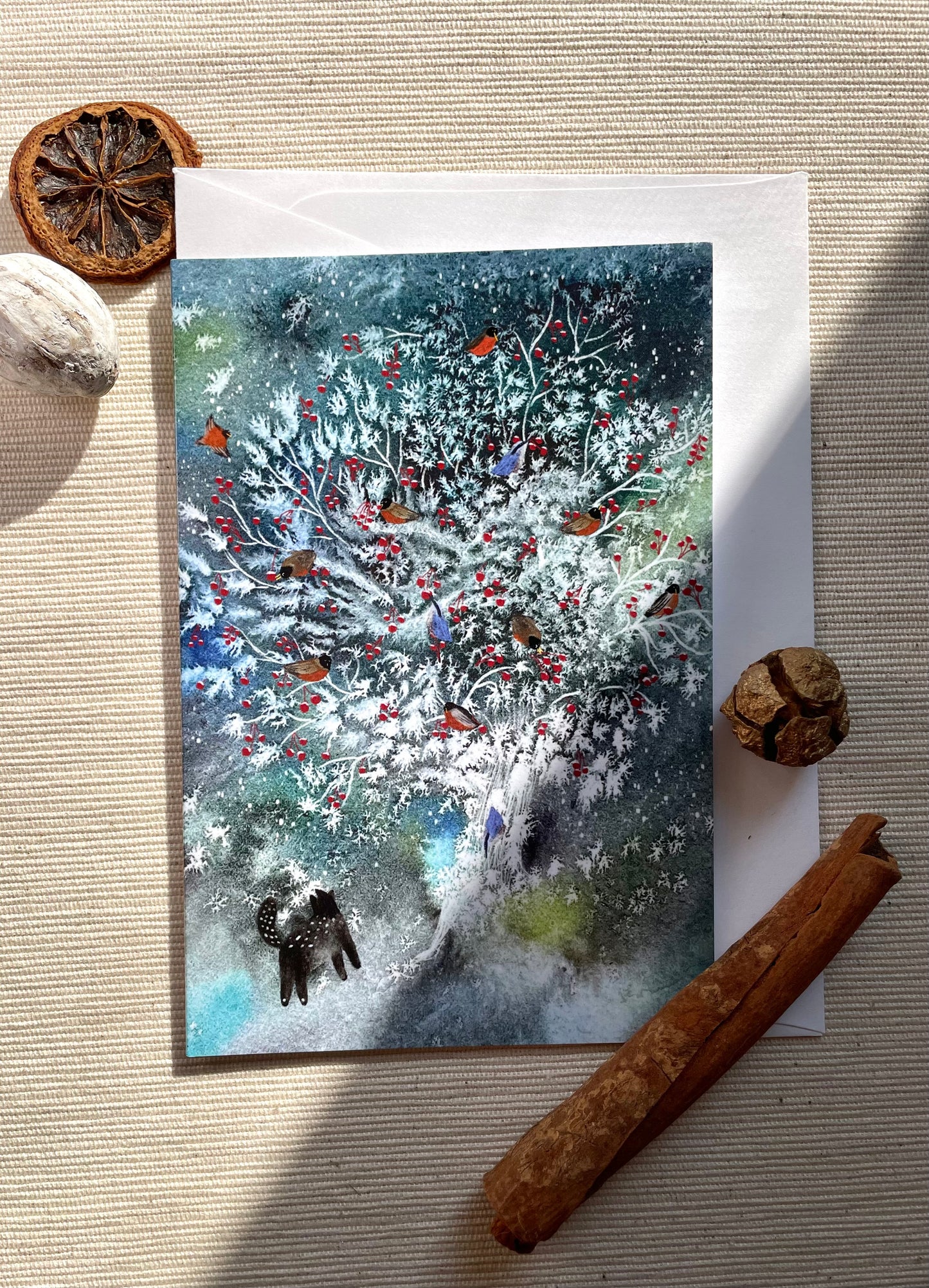 Snowy Woodland Birds & Curious Cat Winter Greeting Card | Christmas & New Year Holiday Wishes | Festive Winter Scene | 4x6 Blank Inside