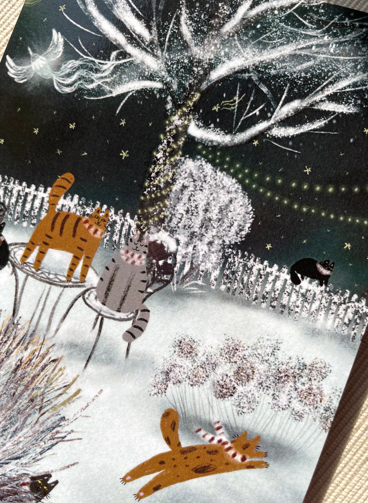 Enchanted Winter Night Cats Greeting Card | Snowy Tree & Playful Felines | Christmas & New Year | 4x6 Blank Inside