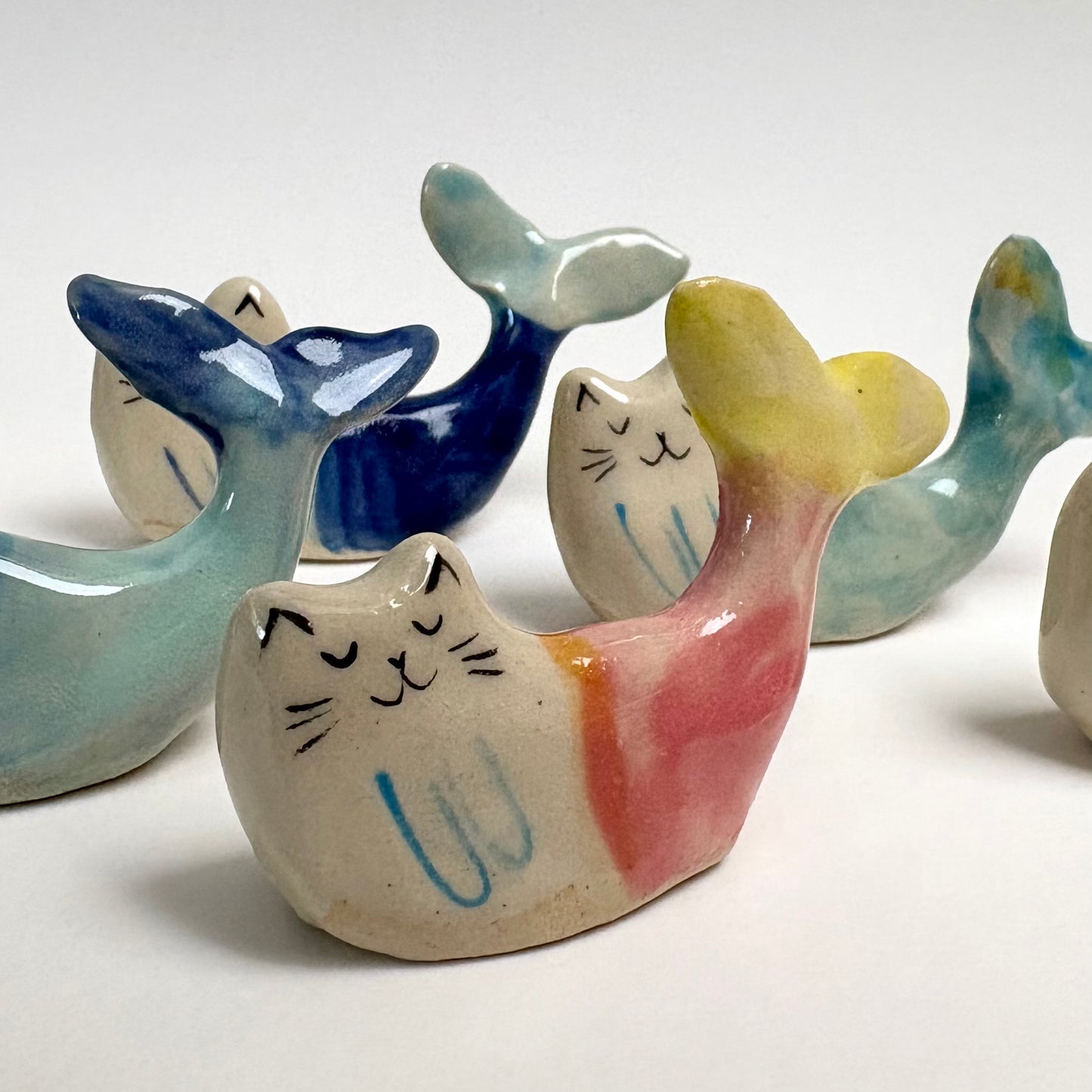 Handmade ceramic cat mermaid figurine
