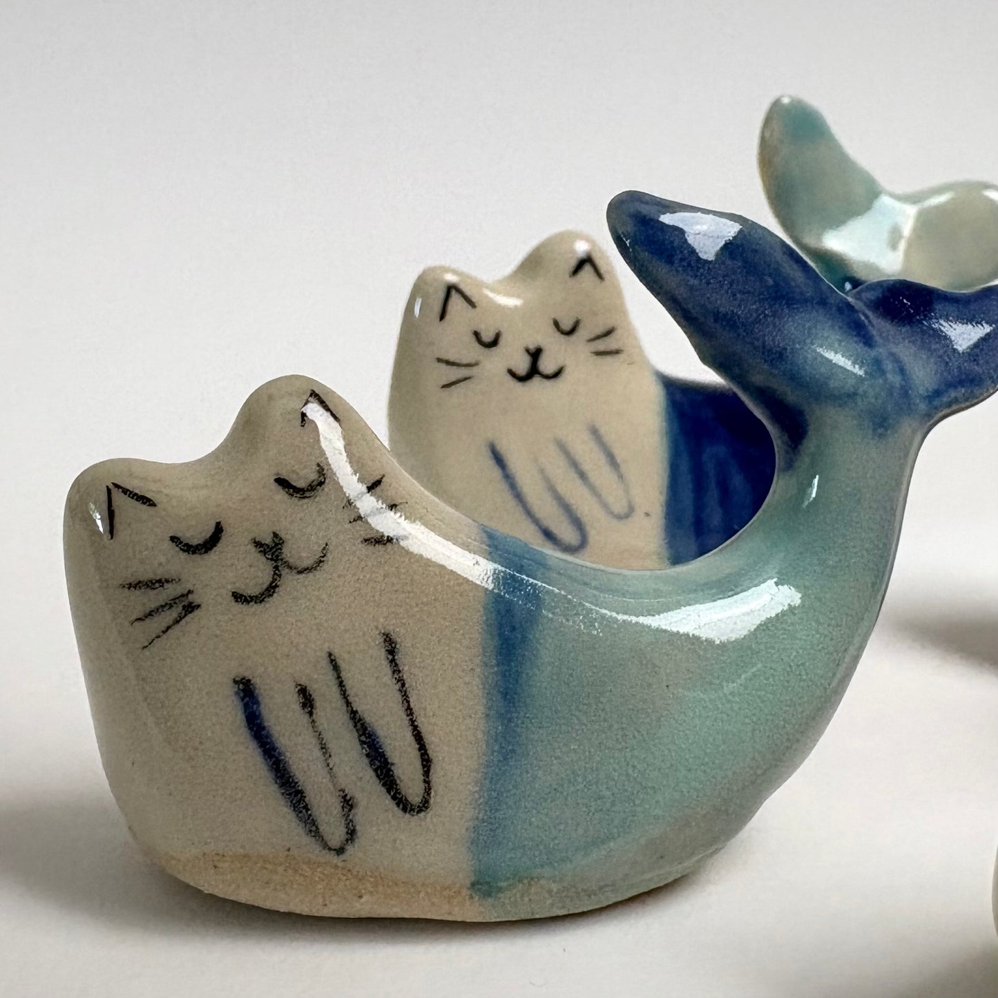 Handmade ceramic cat mermaid figurine