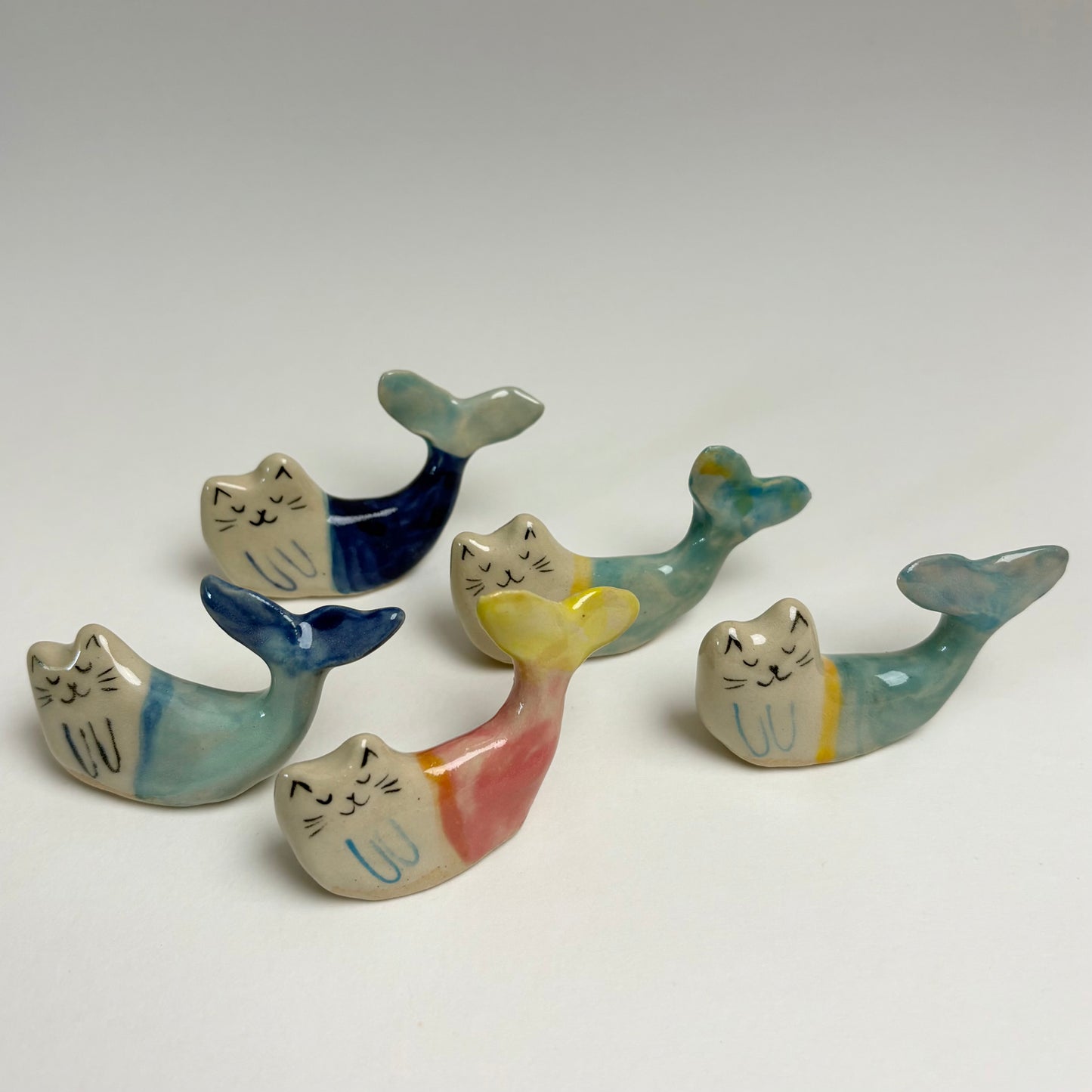 Handmade ceramic cat mermaid figurine