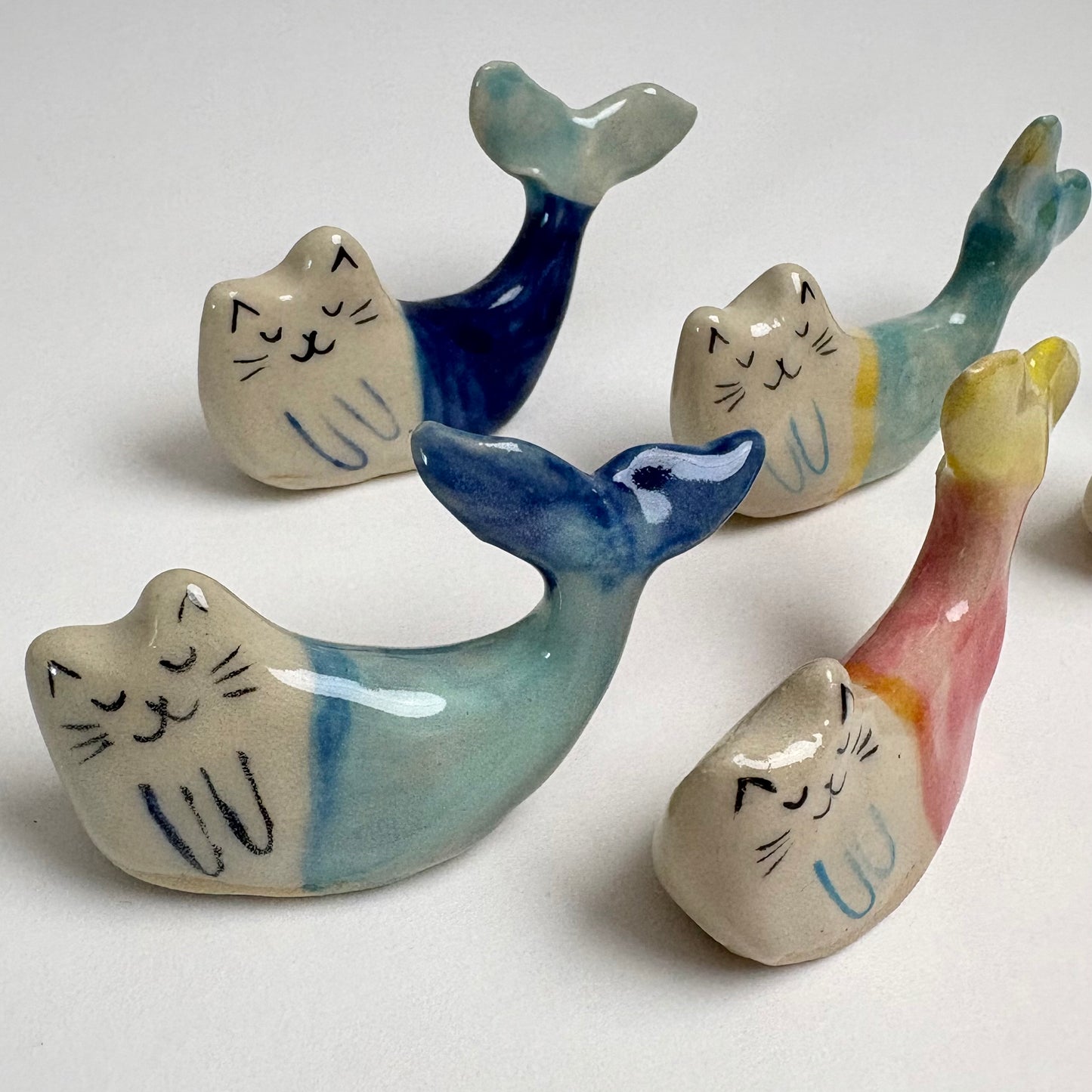 Handmade ceramic cat mermaid figurine
