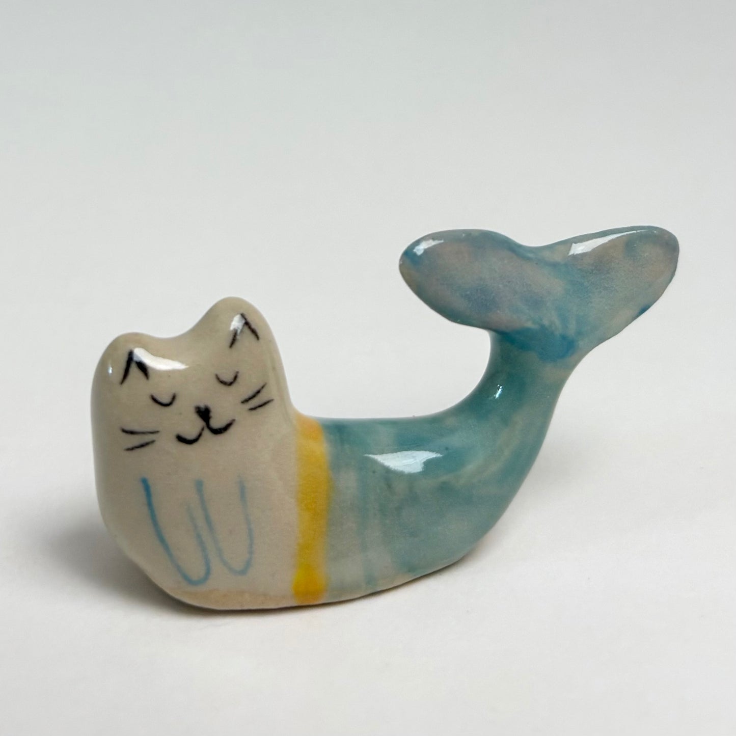 Handmade ceramic cat mermaid figurine