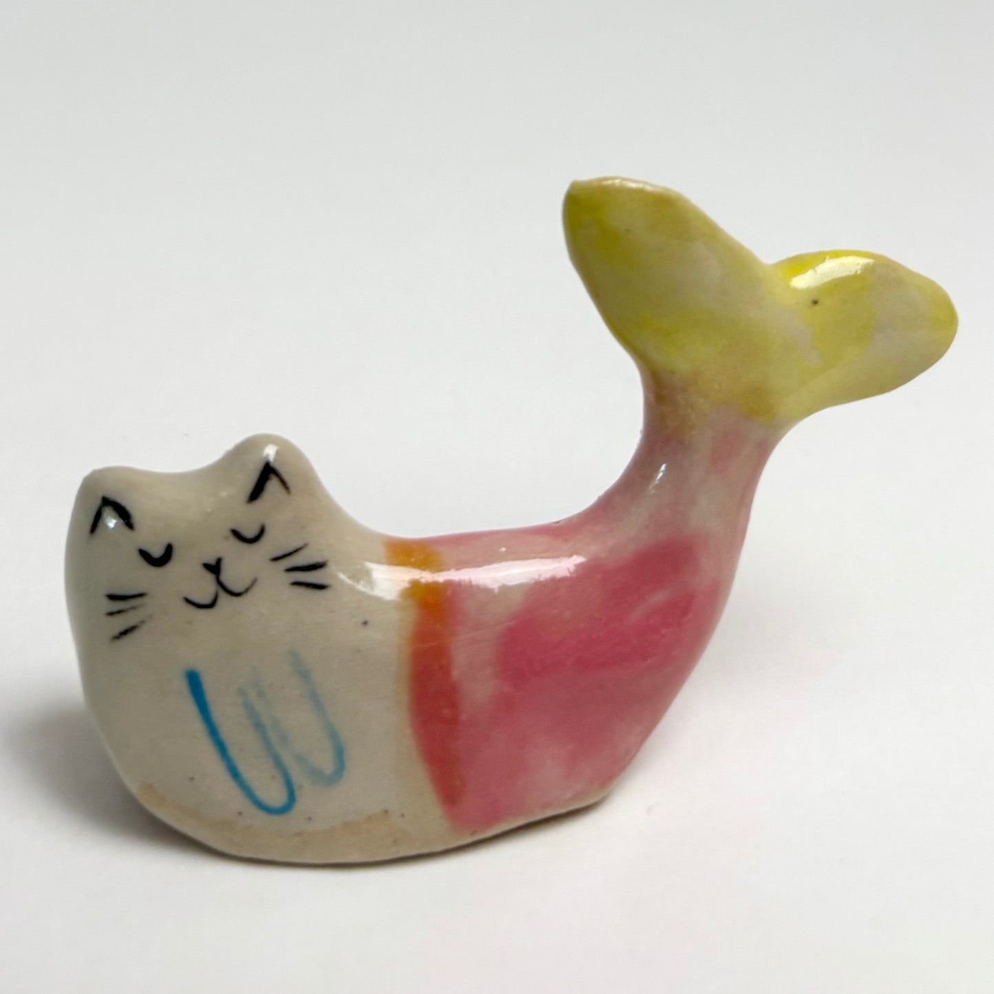 Handmade ceramic cat mermaid figurine