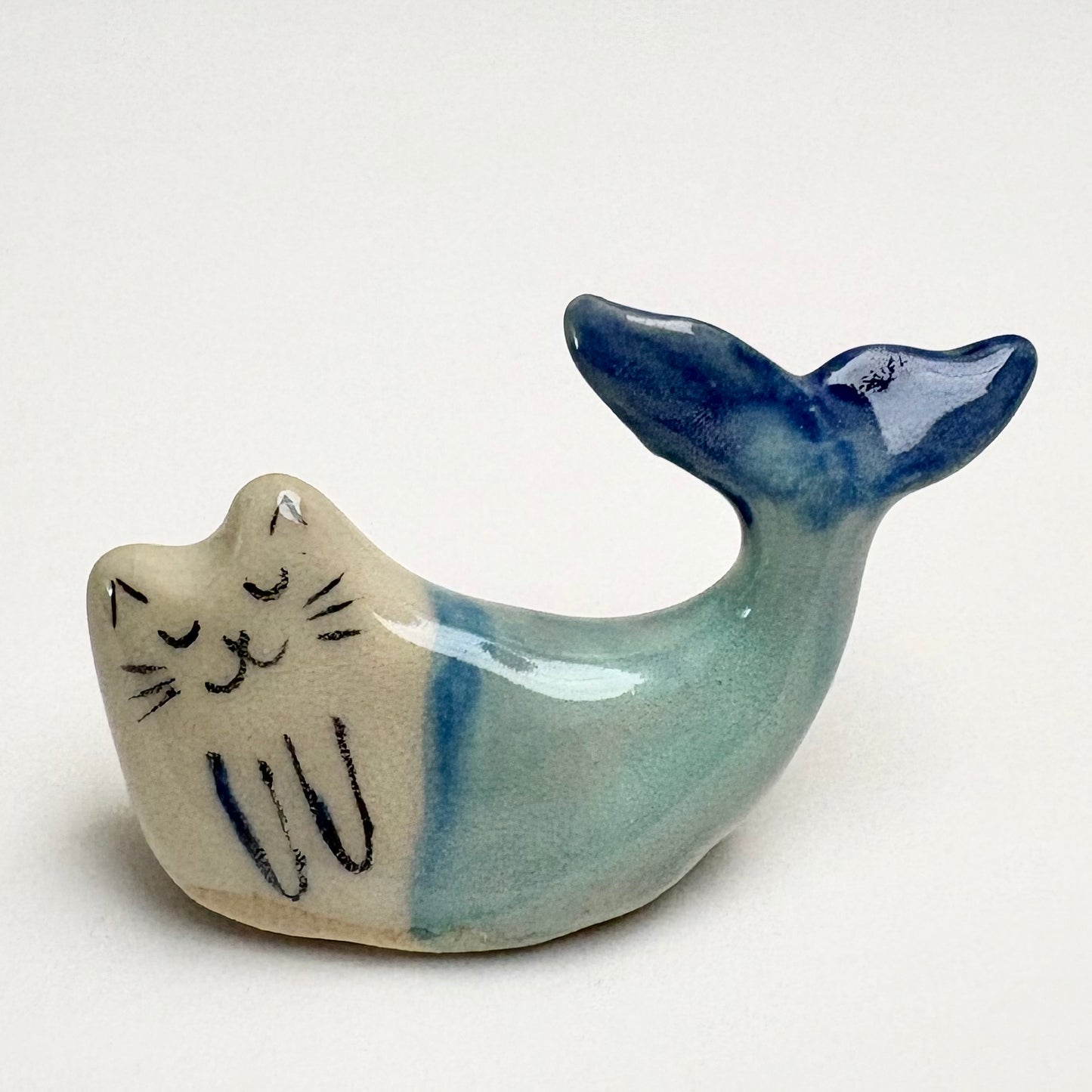 Handmade ceramic cat mermaid figurine