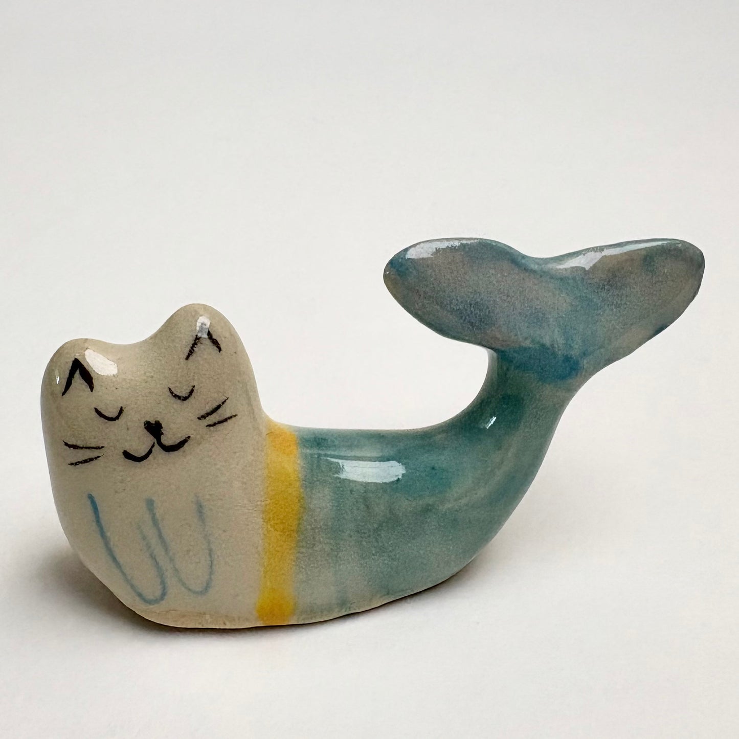 Handmade ceramic cat mermaid figurine