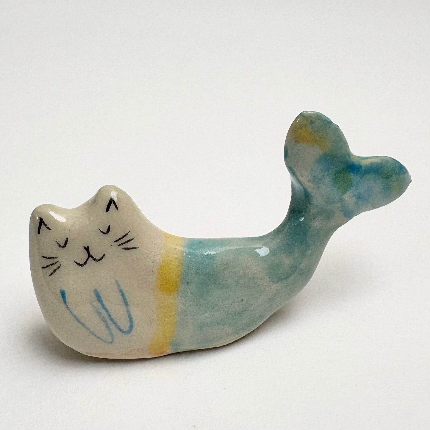 Handmade ceramic cat mermaid figurine