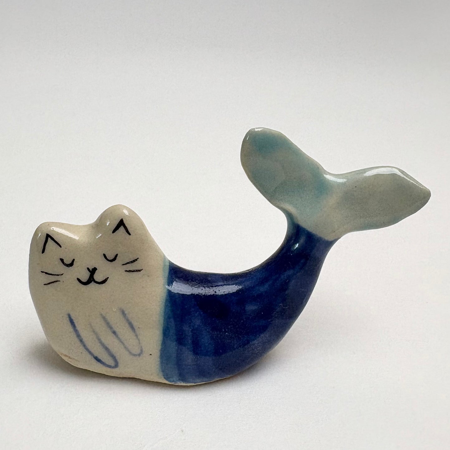 Handmade ceramic cat mermaid figurine