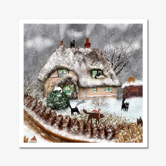 Cat art print: Winter cottage