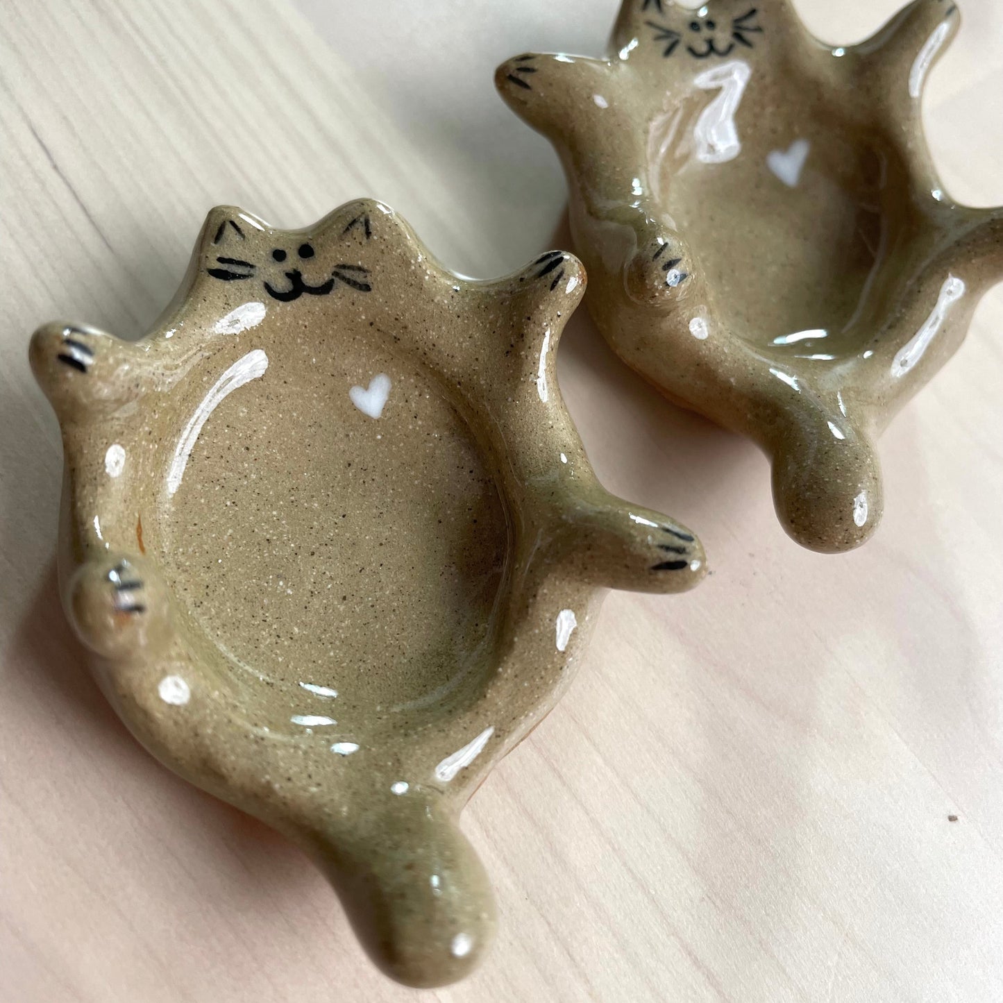 Mini handmade brown ceramic cat ring dish