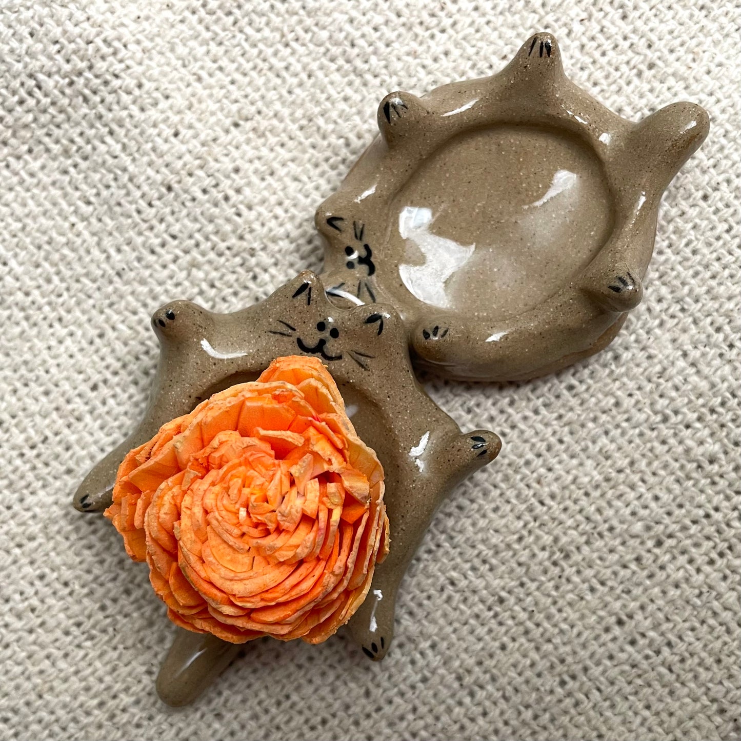 Mini handmade brown ceramic cat ring dish