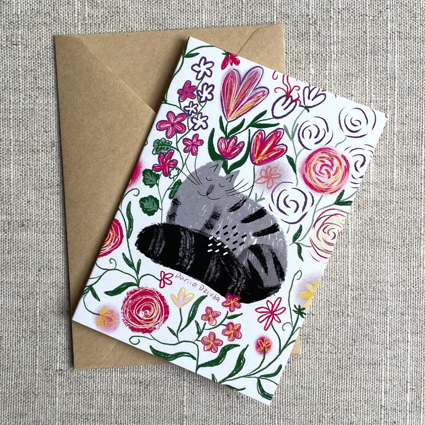 Mini card: Grey Cat in Bright Flowers