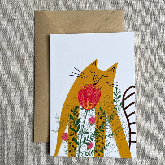 Mini card: Cat Smelling Flowers