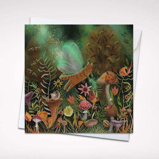 Magical Forest Cat 5x5 Greeting Card – Enchanting Cat-Themed Blank Card with Envelope, Perfect for Cat Lovers and Fantasy Enthusiasts