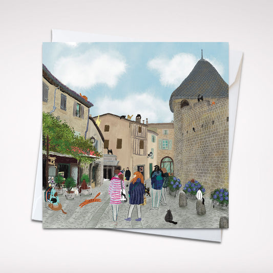 Charming Village Life: A Day in the Courtyard - Picturesque Town Square Greeting Card, 5x5" (12.7x12.7 cm)