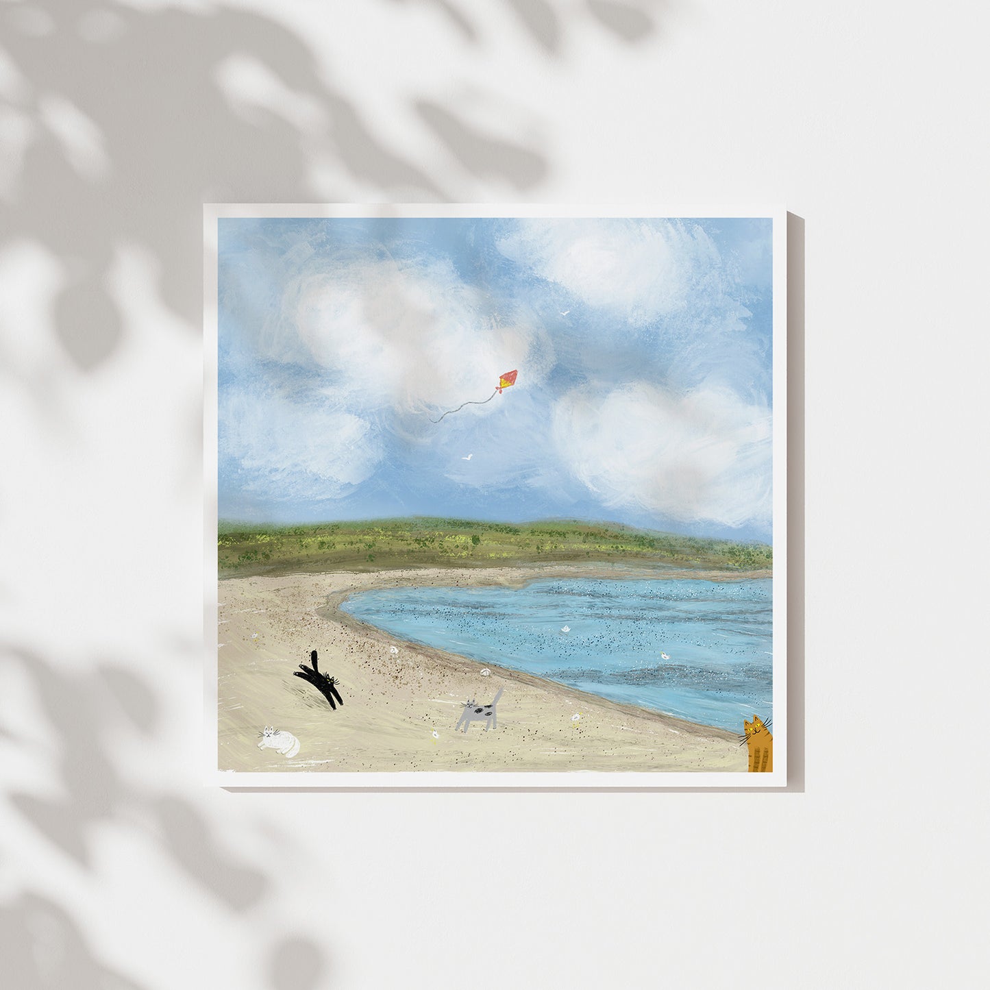 Cats Flying a Kite At a Beach Unframed Art Print