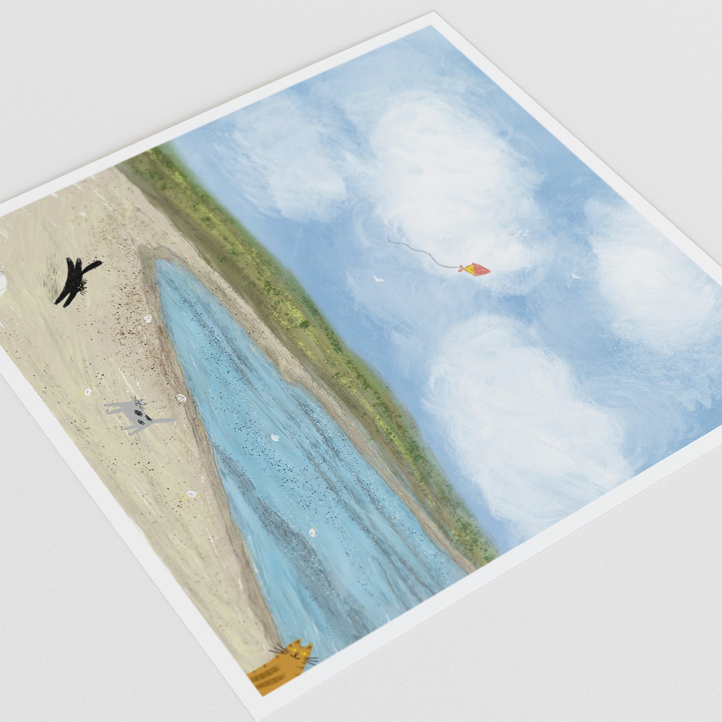 Cats Flying a Kite At a Beach Unframed Art Print