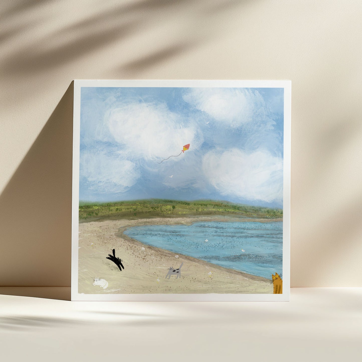 Cats Flying a Kite At a Beach Unframed Art Print