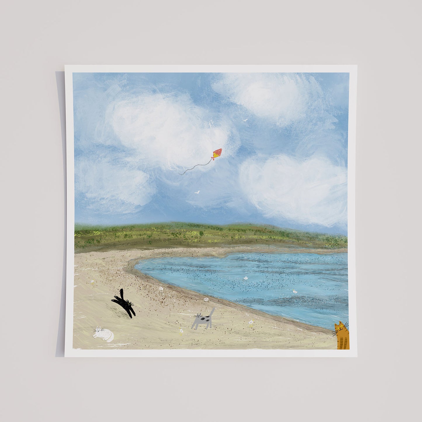 Cats Flying a Kite At a Beach Unframed Art Print